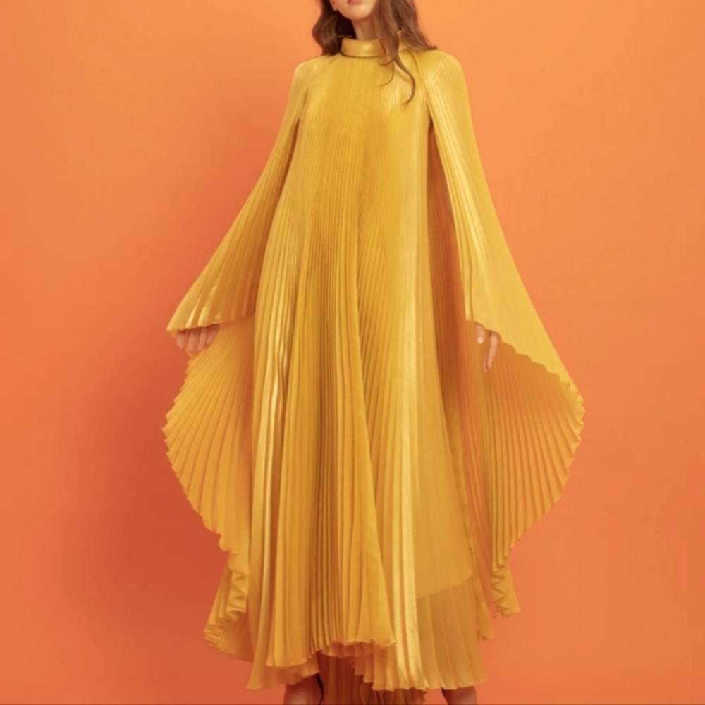 Gemy Maalouf Sz 14 Pleated Mustard Yellow Flowy Long Luxury Gown NEW WITH TAGS